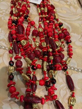 Sassy Jones Caliope Red & Gold Multi-Bead Statement Necklace - Women Jewelry.New